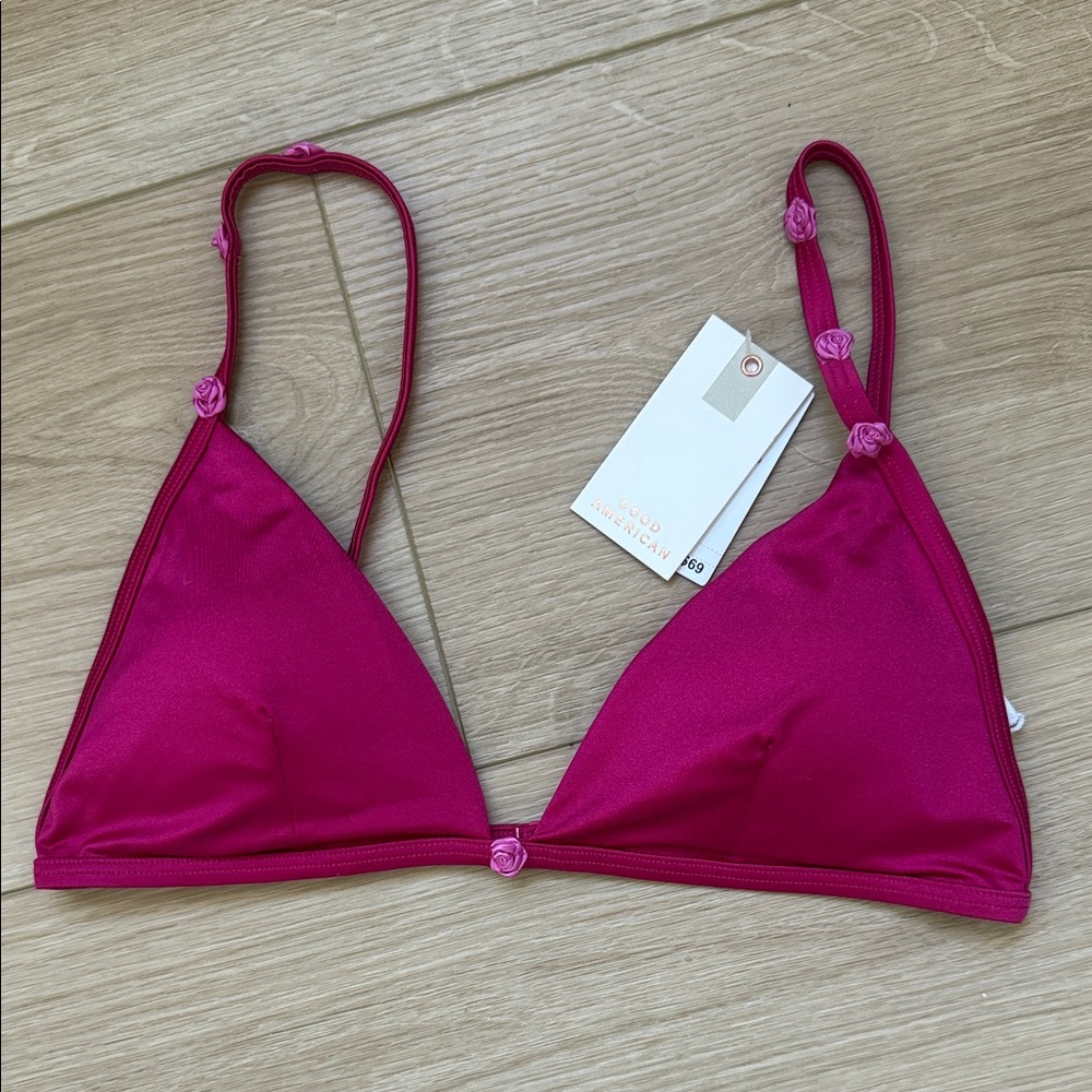 Good American Fuchsia Triangle Bikini Top with Rose Accents